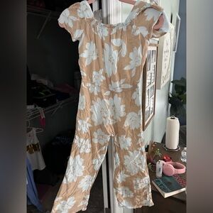 Carter's Girls Tan and White Flutter Sleeved Floral Jumpsuit